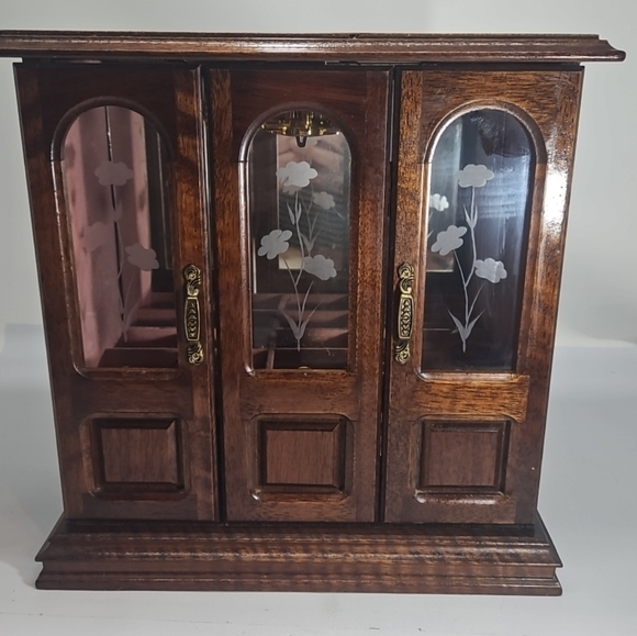 Vintage Jay Imports Music Jewelry Box Etched Glass Doors - Picture 1 of 16